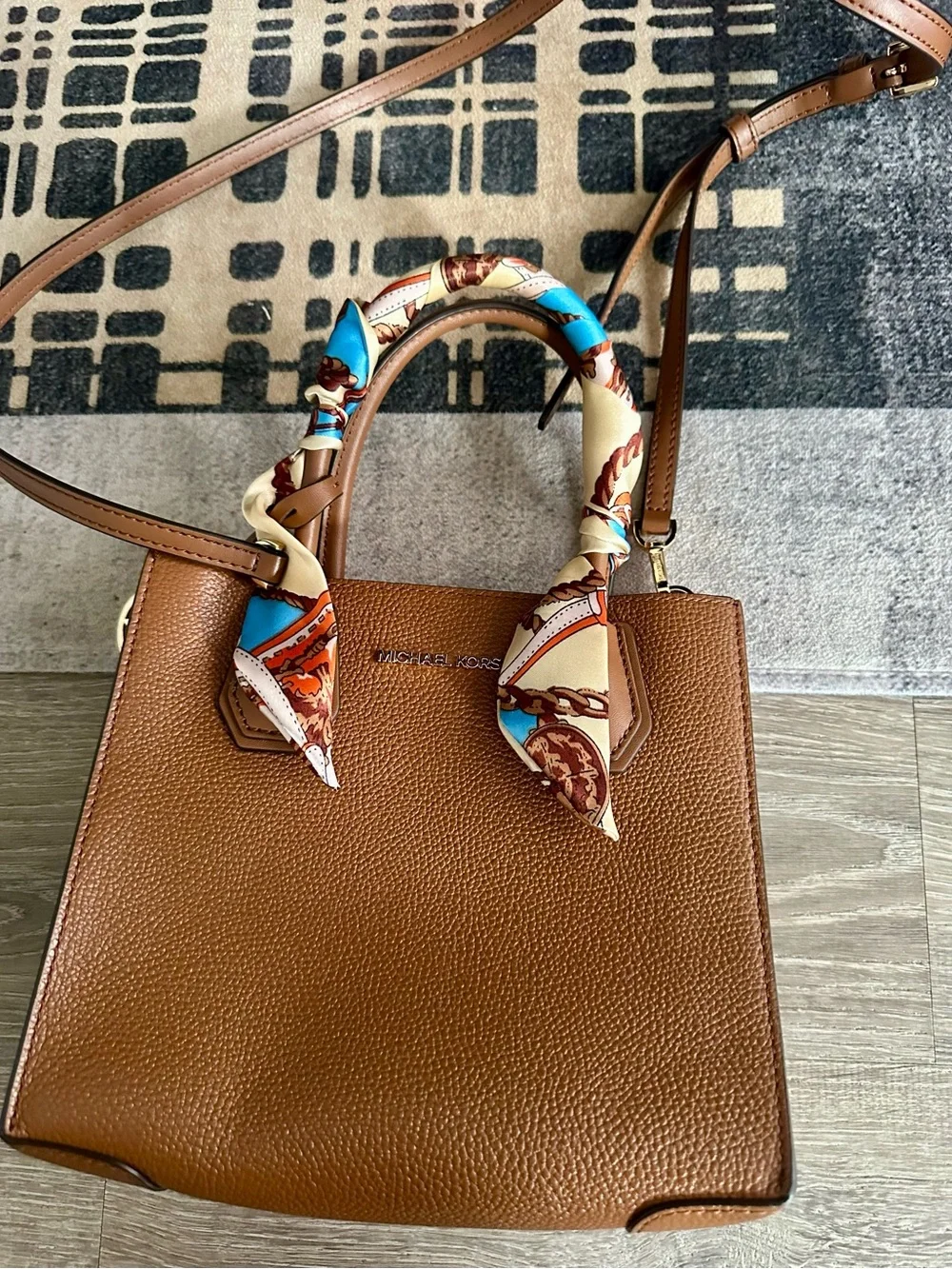 Michael Kors Brown Leather Satchel with Printed Scarf Handles